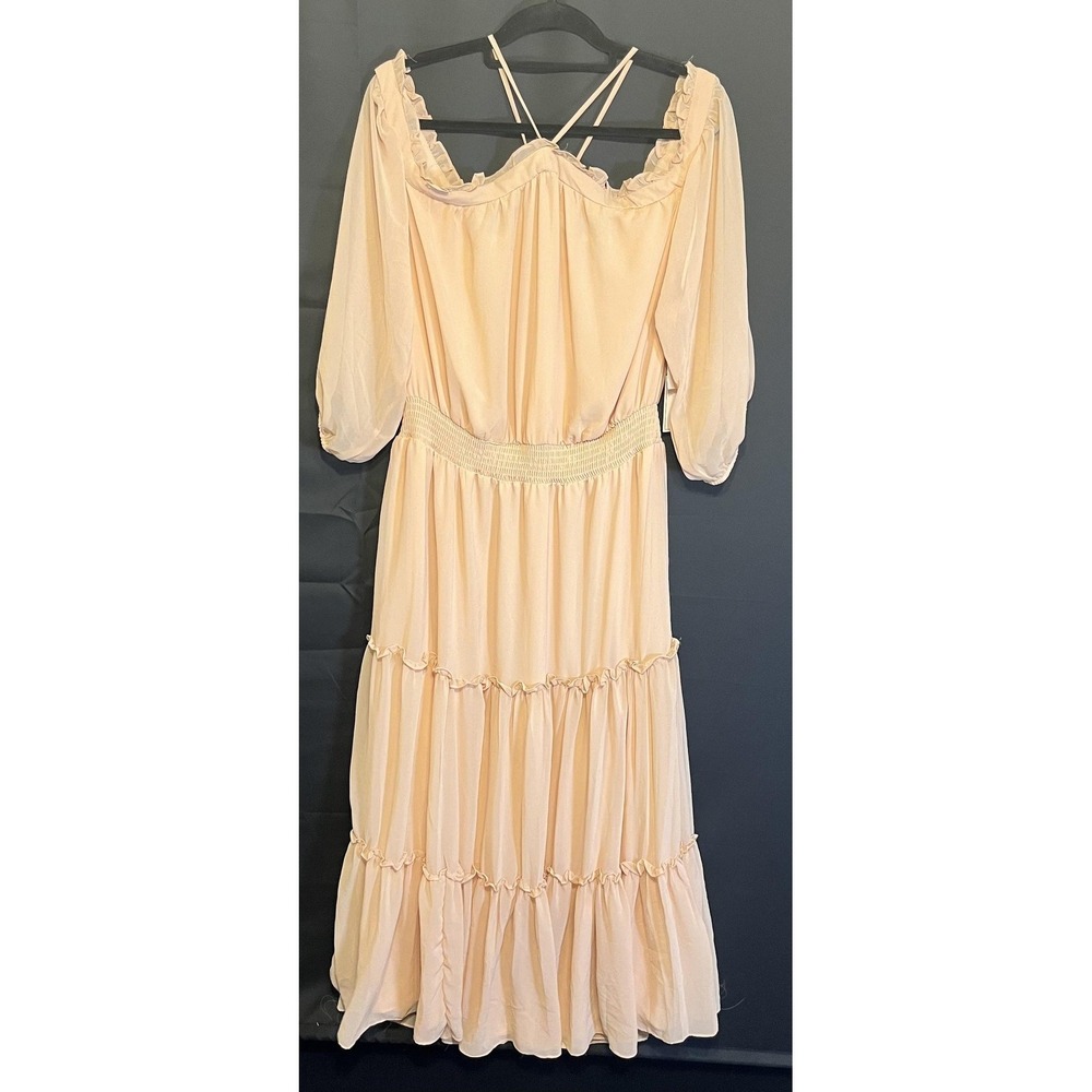 1. STATE Dress Womens XL Beige Autumnal Tones Off Shoulder Tiered Midi Chiffon - Picture 2 of 16